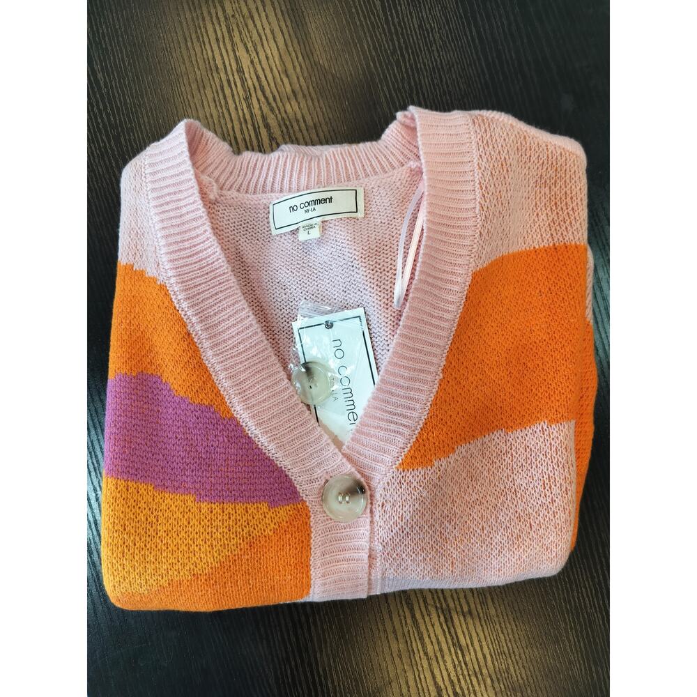 No Comment NYLA Cardigan Sweater L Pink Orange Colorblock Cropped NWT - Picture 6 of 9